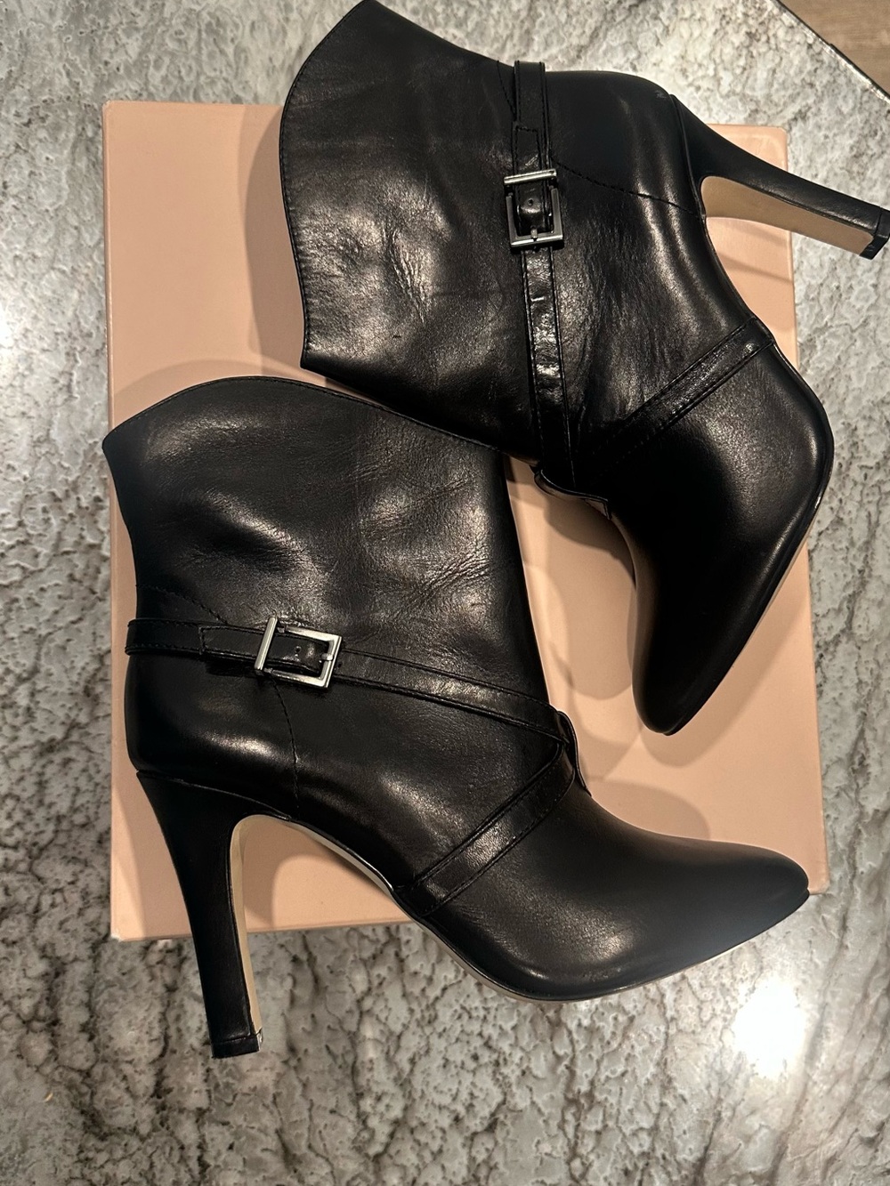 BCBG Black Leather Pointed-Toe Ankle Booties with Buckle Strap